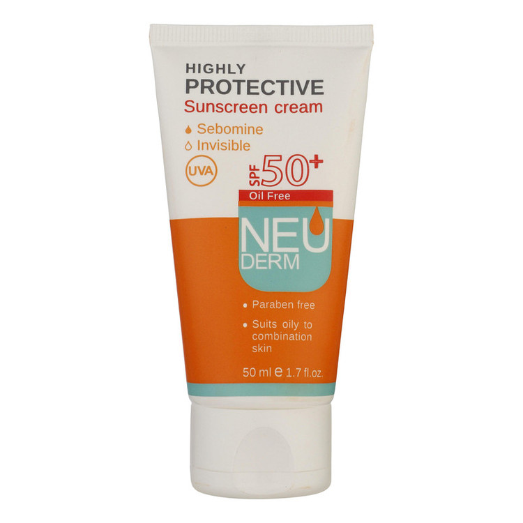 محصول نمونه تستی کرم ضدآفتاب بیرنگ نئودرم مدل Highly Protective SPF50، مناسب پوستهای چرب تا مختلط، حجم 50 میلیلیتر